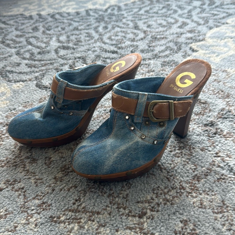 Vintage Guess Y2K  Denim Pants Buckle Wooden Platform Mules Blue 7.5